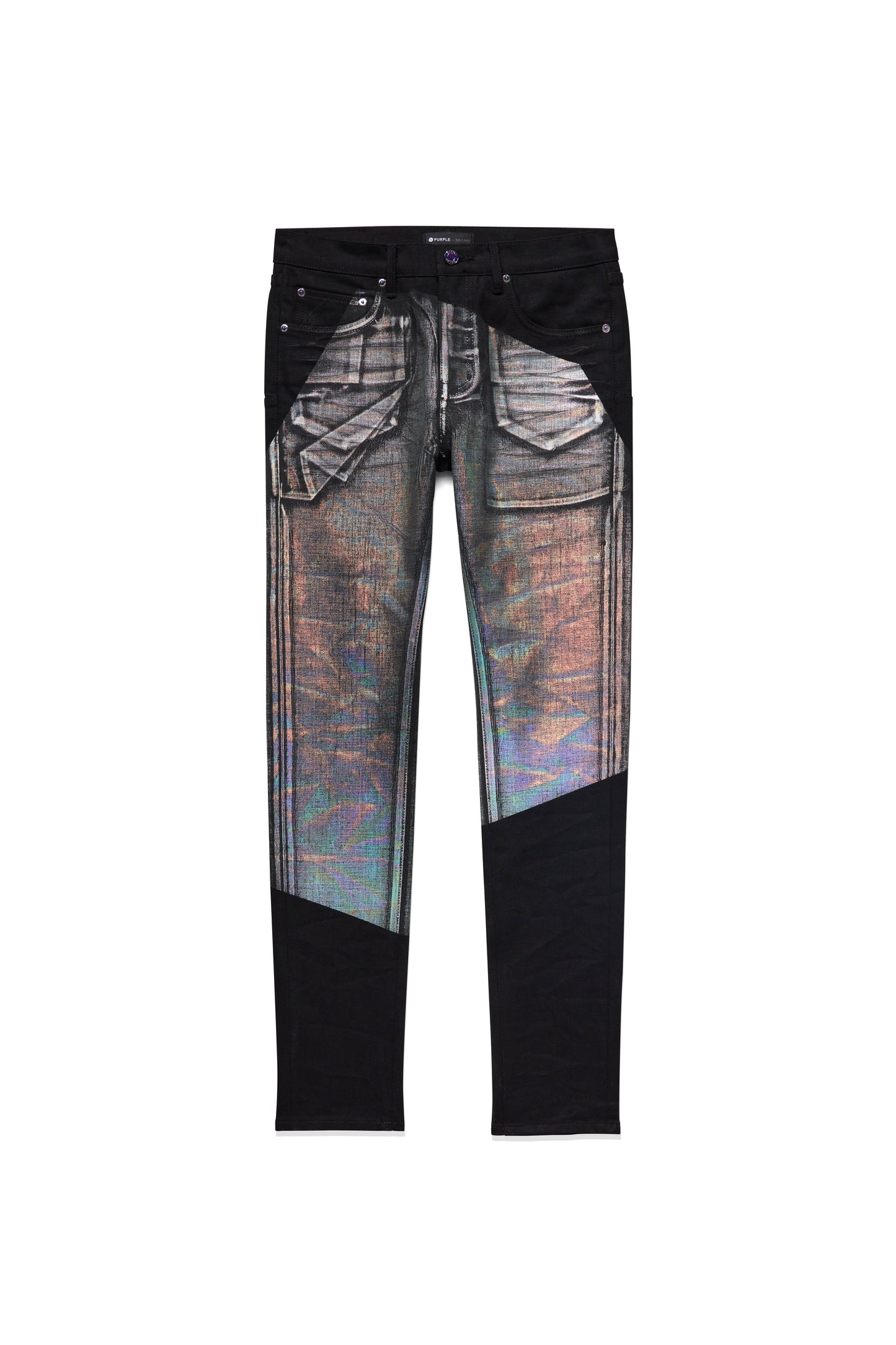 P001 LOW RISE SKINNY JEAN - Holographic Fragment Over Black