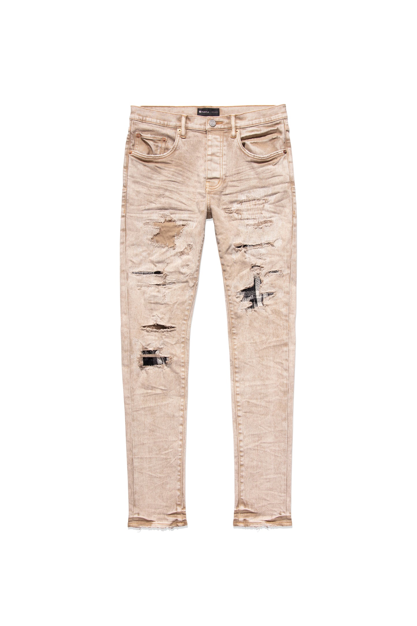P001 LOW RISE SKINNY JEAN - Beige Heavy Repair With Plaid Patch