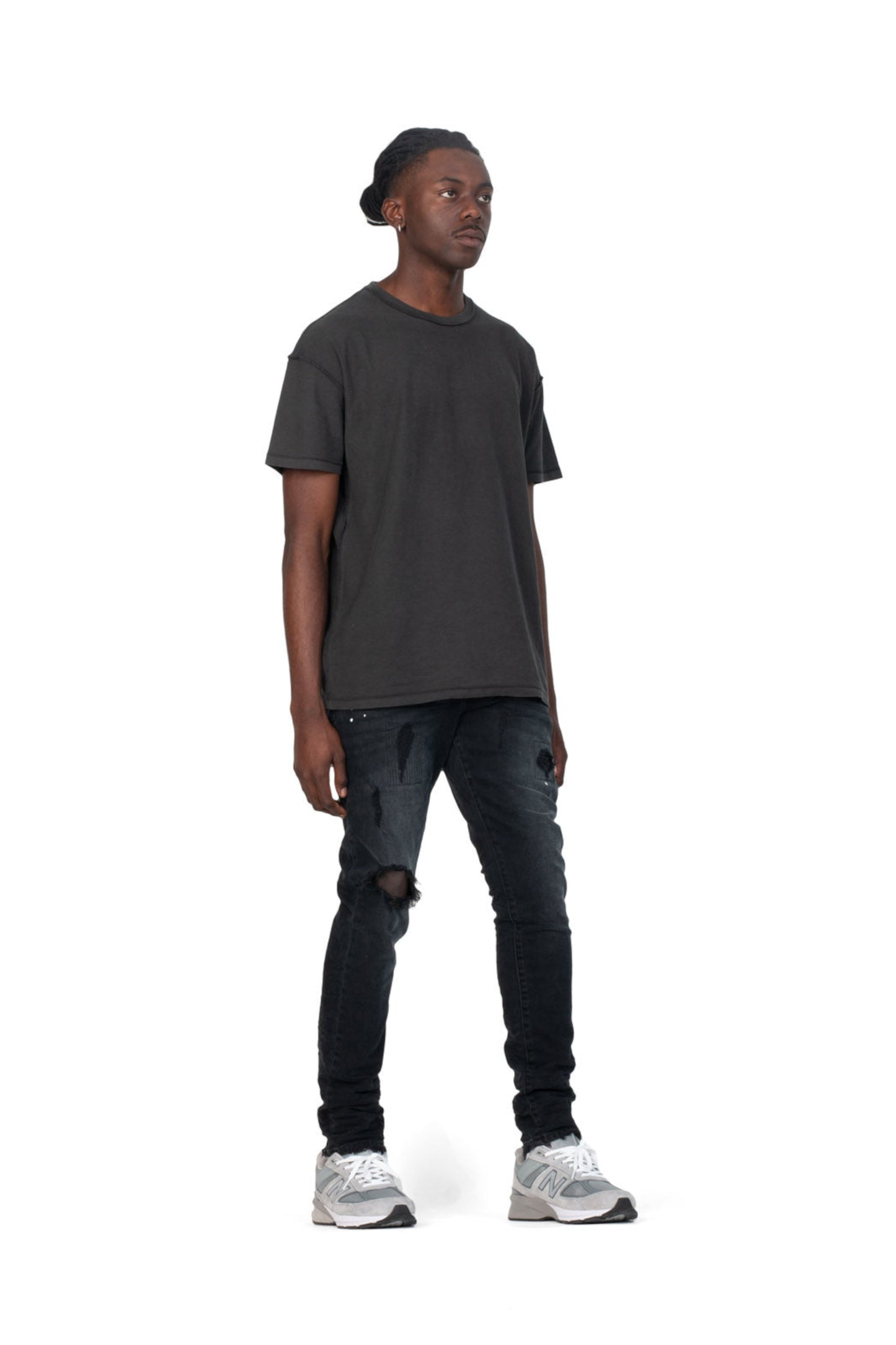 mens purple brand denim jean mid rise slim style no. p002 black repair model side pose