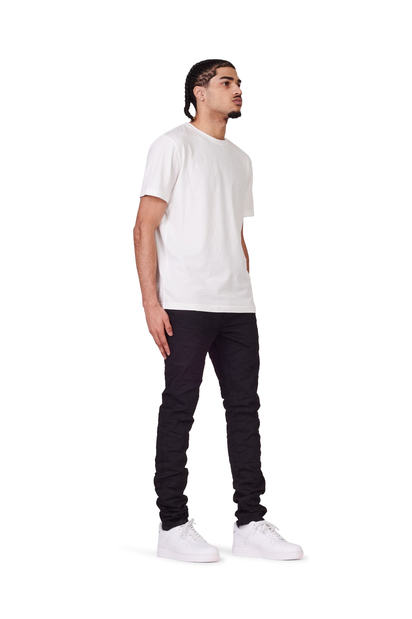PURPLE BRAND - Men's Denim Jean - Low Rise Skinny - Style No. P001 - Black Raw - Model Side Pose